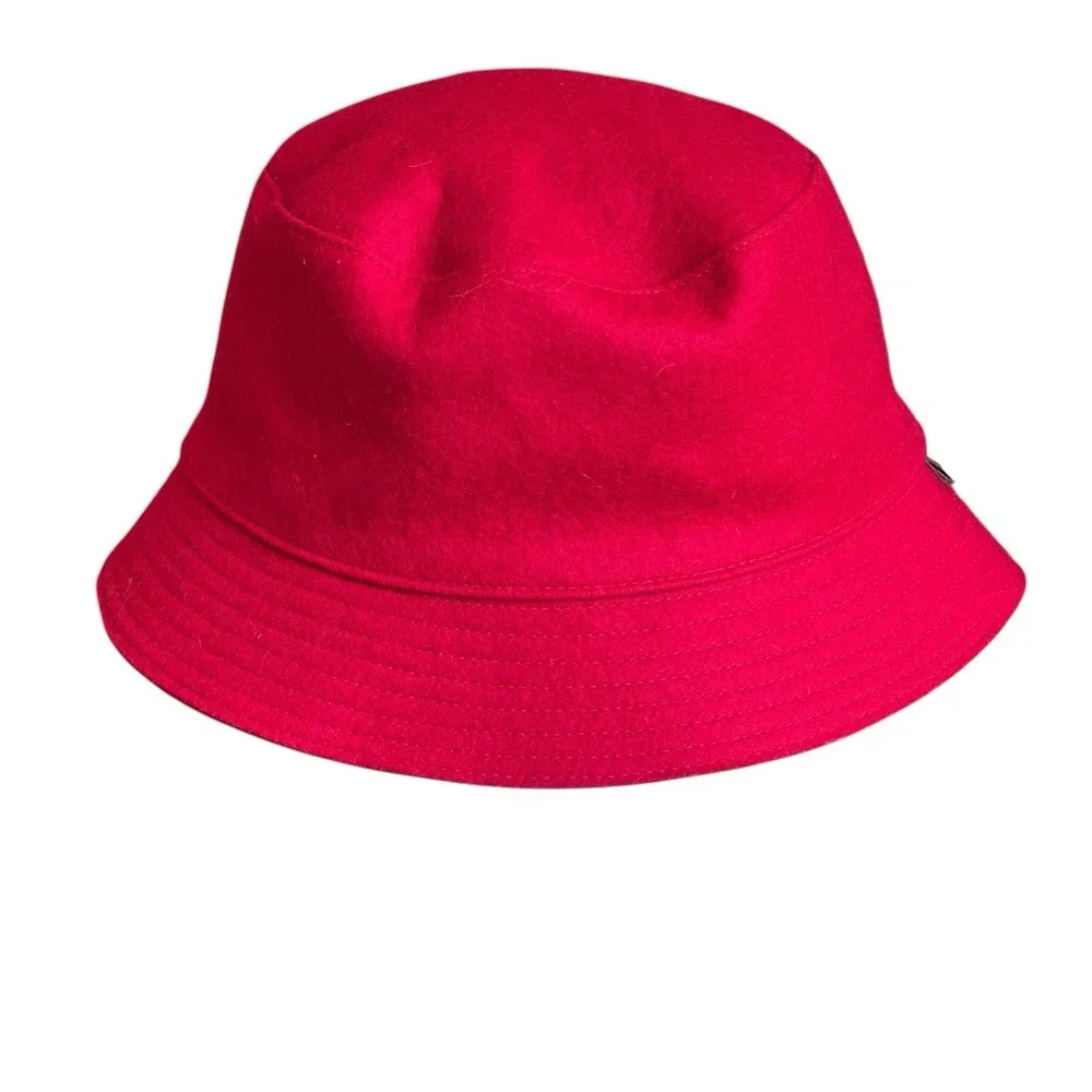 COACH‎ Red Wool Bucket HAT W/ Leather Logo. Lined Sz P/S  EUC